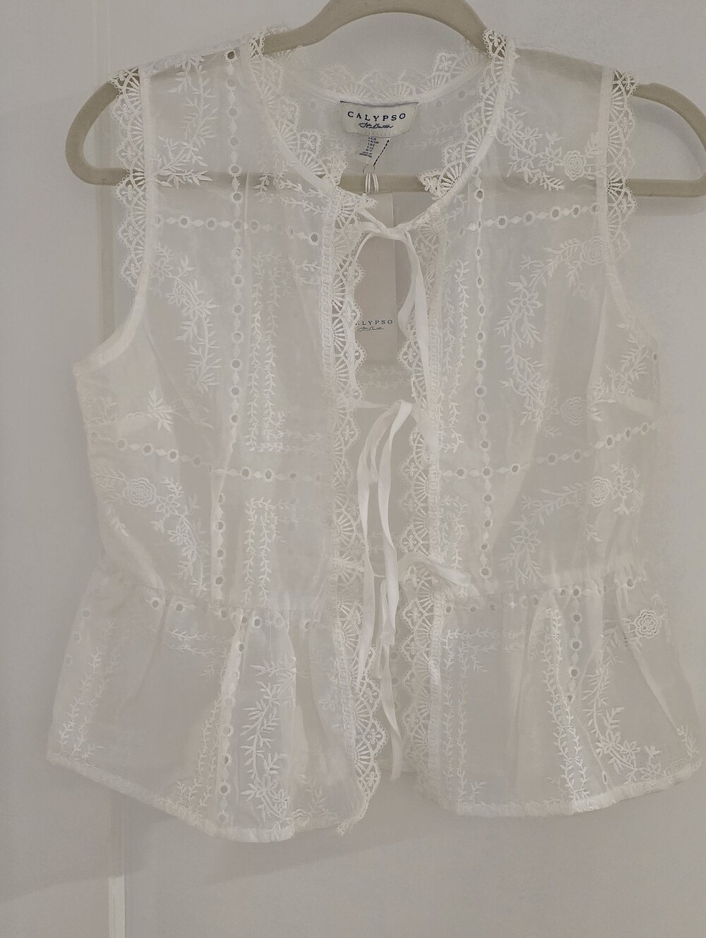 Calypso St. Barth White Eyelet Tie-Front Sleeveless Embroidered Blouse Msrp $245 - Picture 2 of 9